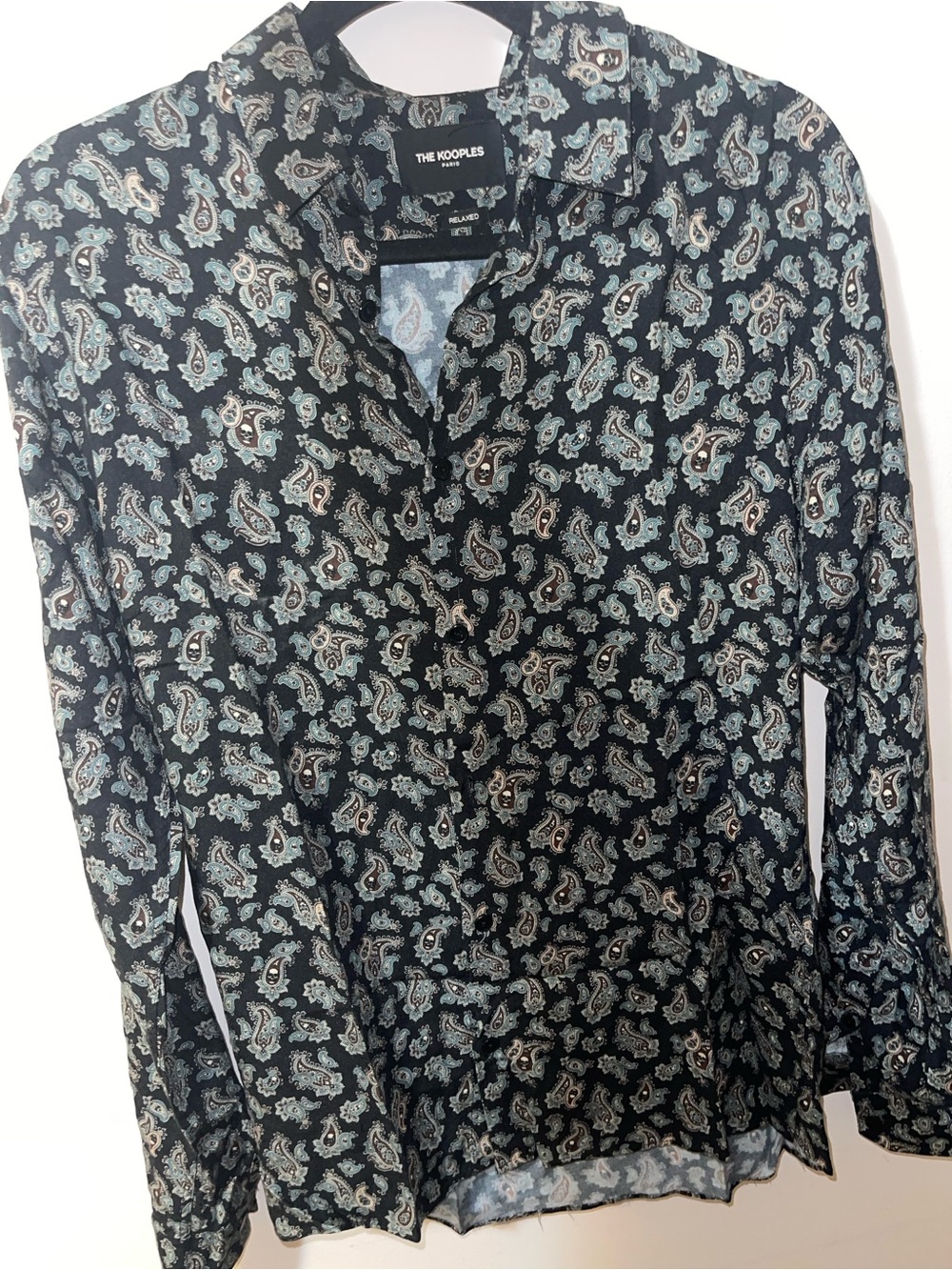 The Kooples Black Paisley Button-Down Blouse with Teal Accents